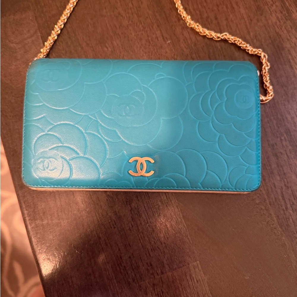 Chanel Camelia Blue Embossed Leather Chain Bag